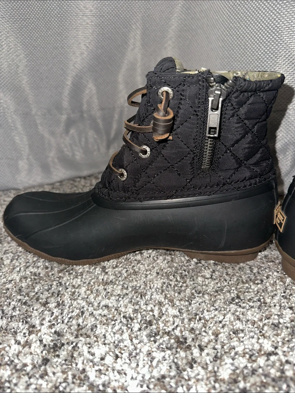 Sperry Black Quilted Duck Rain Boots with Brown Laces